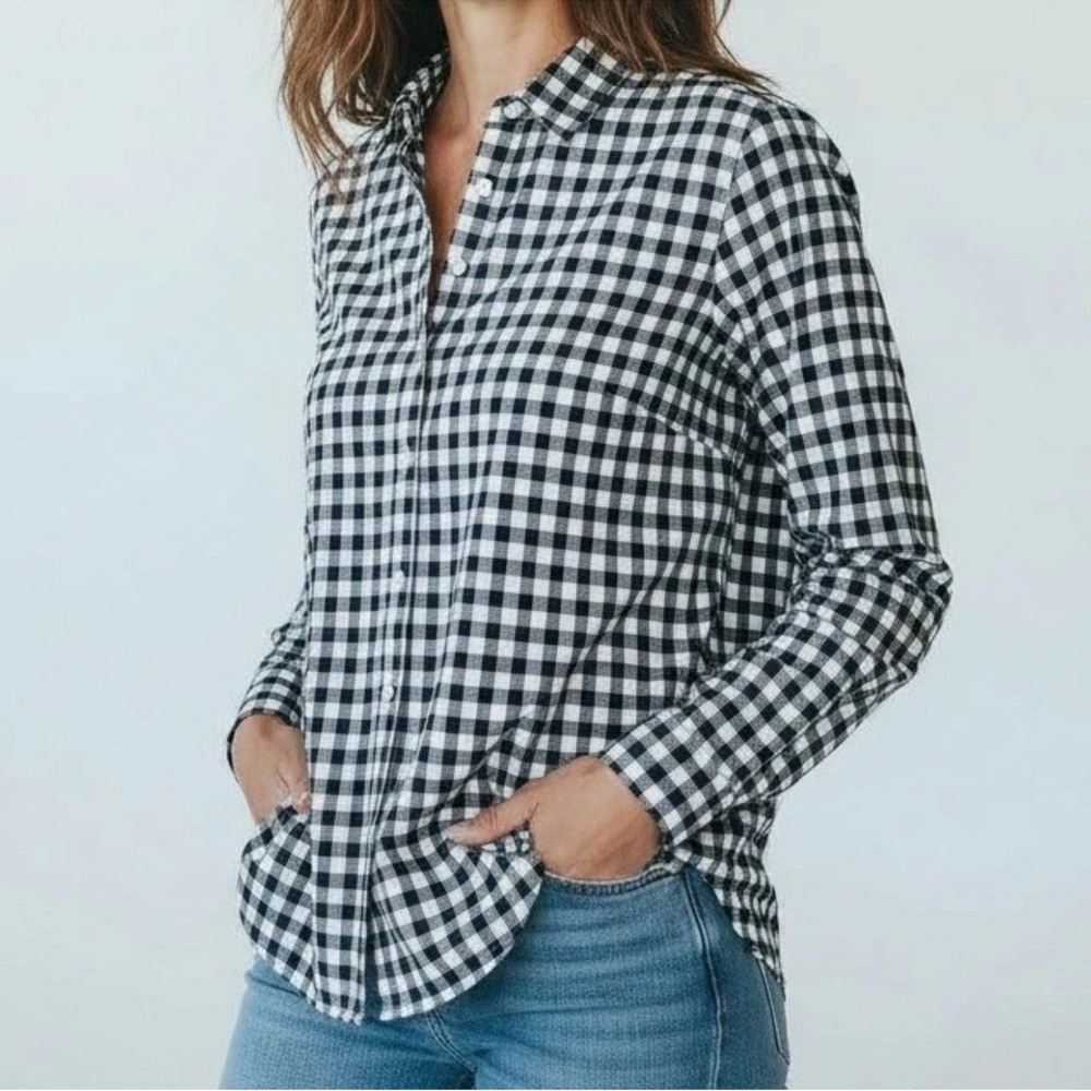 J. Crew Navy & White Gingham Button Down Shirt Single Front Pocket 100% Cotton